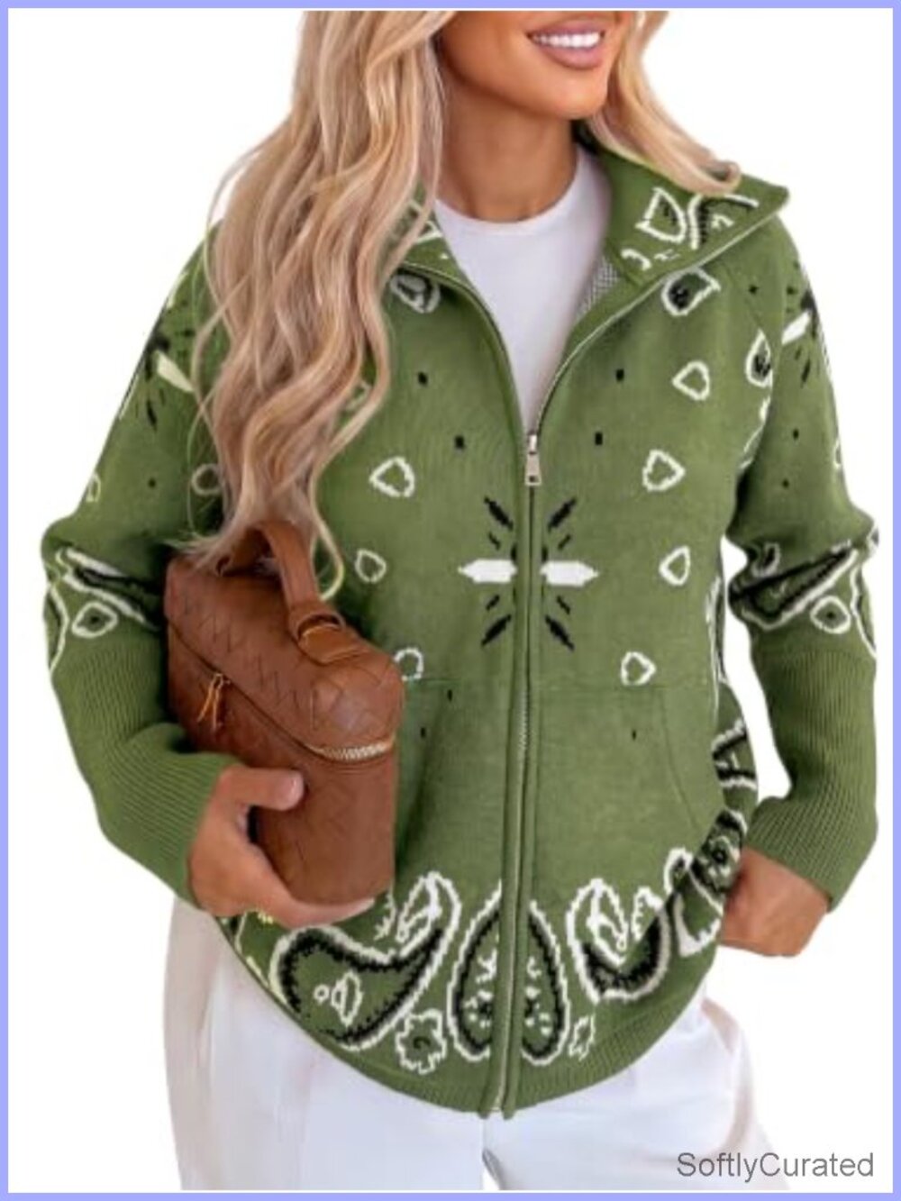 Zip Up Cardigan Stand Collar Knit Sweater with Pockets